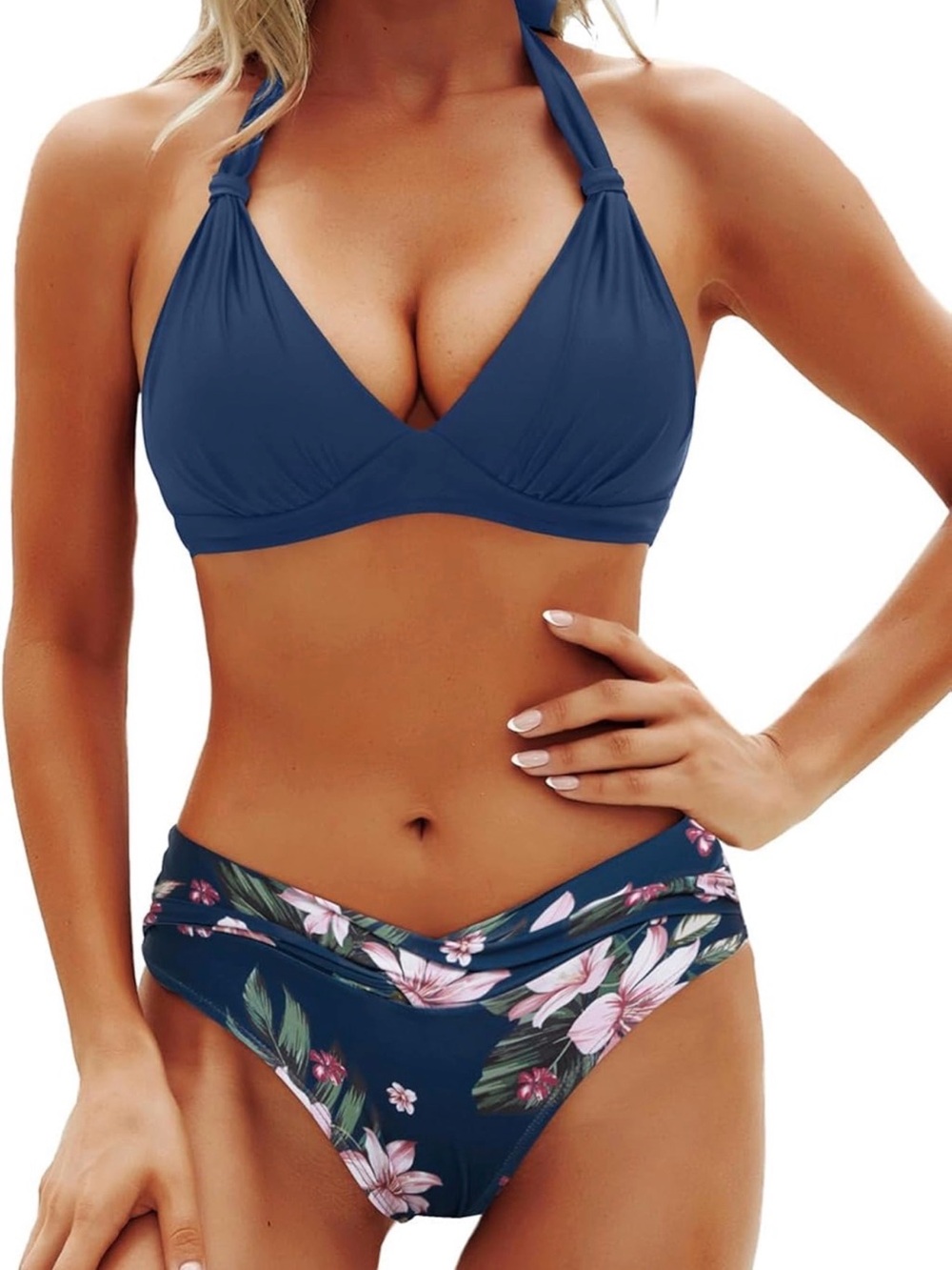 Navy Floral Halter Bikini Set - Women Swim